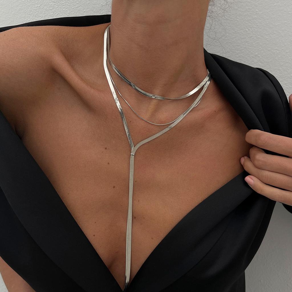 Cold Wind Long V-shaped Fringed Necklace, Niche Stacked with Double-layer Snake Bone Chain Necklace for Women