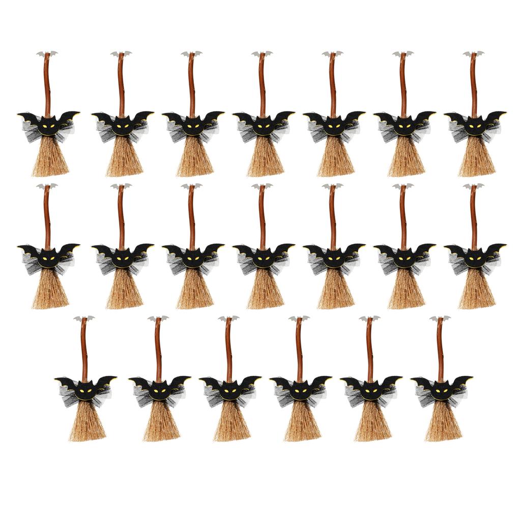20pcs 14cm Halloween Witch Mini Broom Hanging Decoration with Bat Shaped Ornament for Party Home Office School Display
