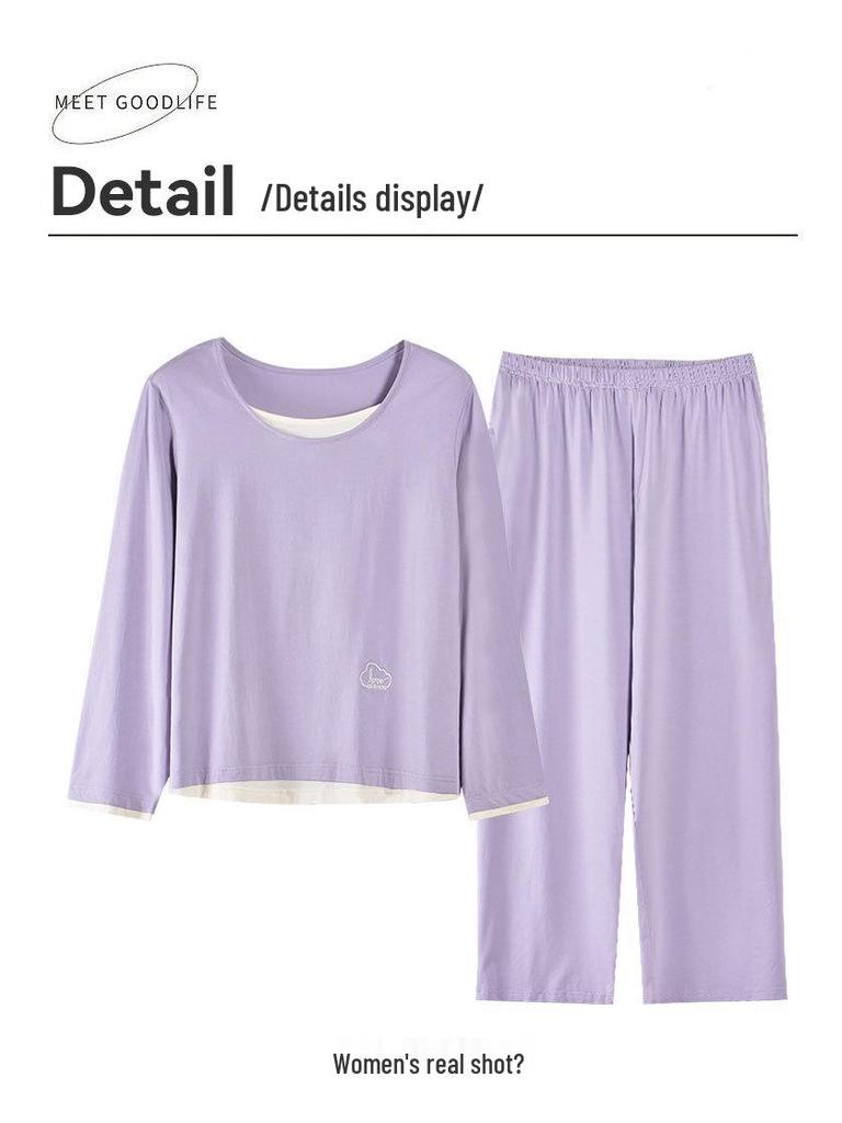 Damen Herbst Modal Baumwoll Pyjama Set: Langärmlig, Lange Hose, Pullover, Bequem, Schlichter Stil, Geeignet für Innen- und Außenbekleidung