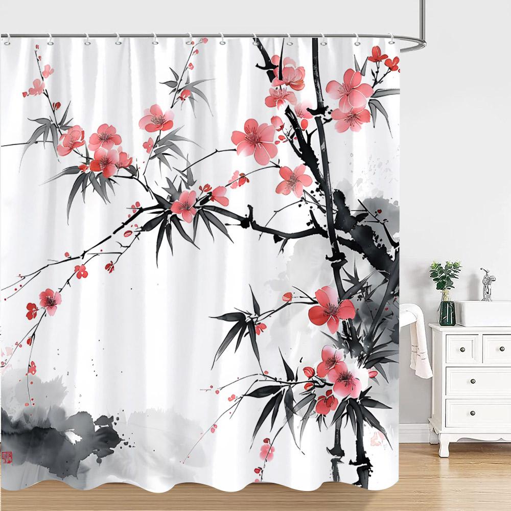 Chinese Japanese Ink Painting Shower Curtain Red Plum Blossom Art Painting Retro Style Polyester Shower Curtains Bathroom Decor