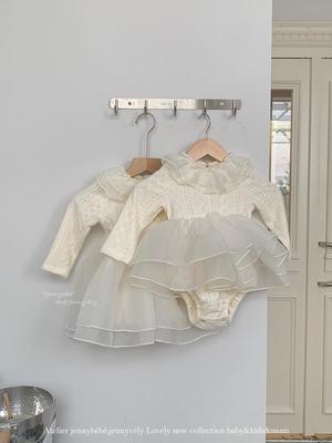 2025 Autumn Baby Girl Long Sleeve Mesh Romper Dress for Birthday and Hundred Days Celebration
