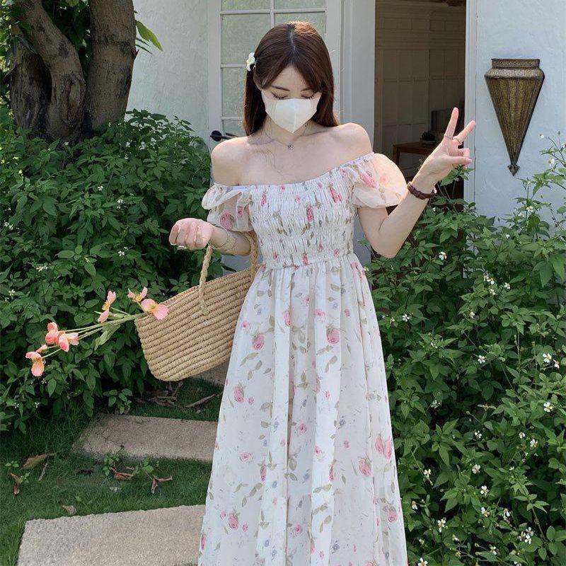 2024 Dámské letní sladké květinové šaty s jedním ramenem, slim fit, dlouhé, s balónkovými krátkými rukávy