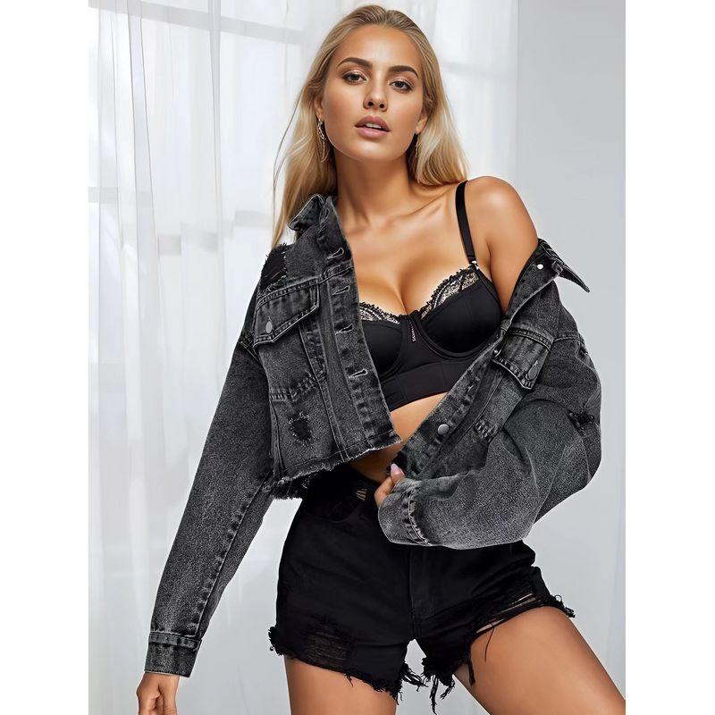 

Европа и Америка Трансграничная Осенне-Зимняя Мода Новое Поступление Джинсовая Куртка Пальто Женская Винтажная Мода Рваная Повседневная Джинсовая Куртка Black S