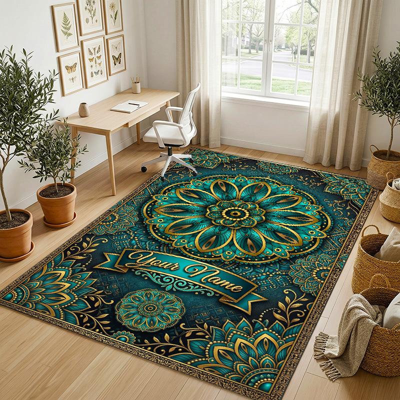 Golden Mandala Theme Soft Crystal Velvet Rug Custom Name & Text Print Non Slip Floor Rug for Bedroom Living Room