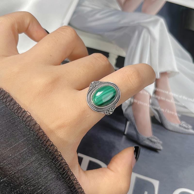 Personalized Retro Natural Colored Treasure Malachite Tiger Eye Blue Gold Gemstone Ring Women'S S925 Sterling Silver Index Finger Ring