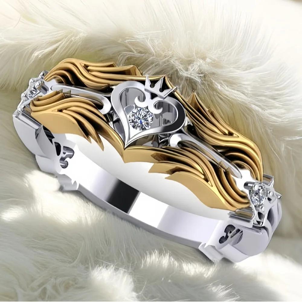 1pc Innovative Design King's Heart Ring Crown Two-tone Zirconia Ring