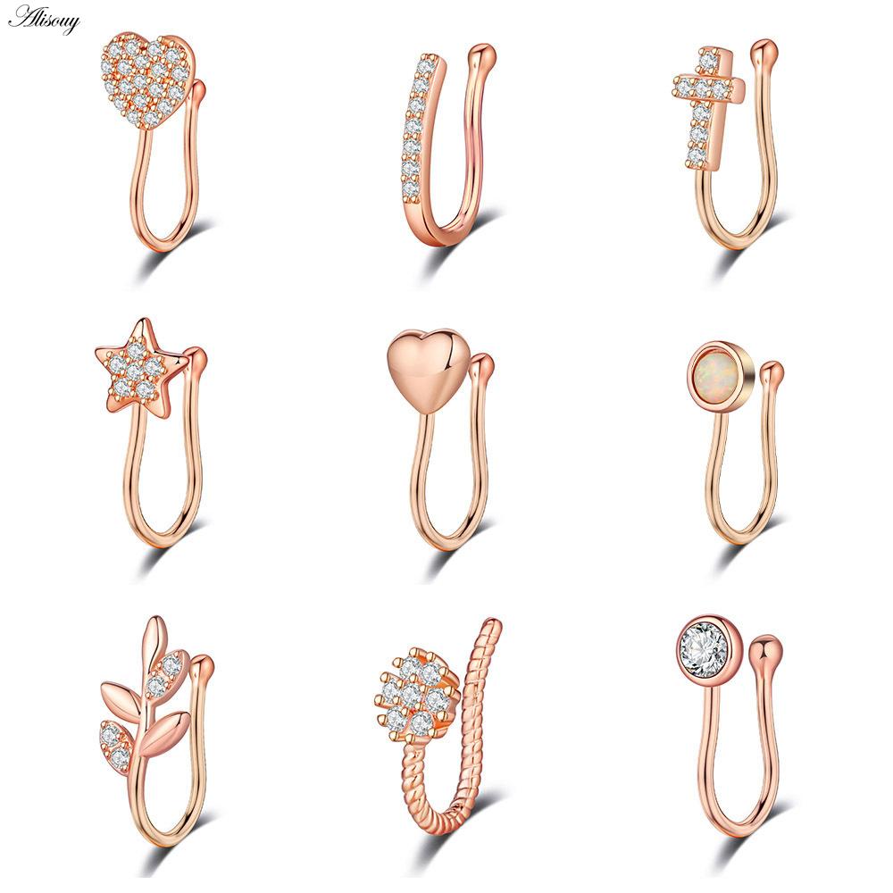 Alisouy 1pc Zirconia Fake Piercing Clip Nose Ring Body Jewelry for Women Ear Cuffs Heart Cross Star Leaf Flowers Clip Nose Rings