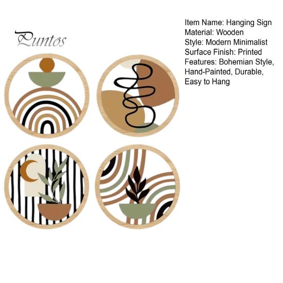 Wooden Interior Wall Decorations 4Pcs Boho Art , 2D Flat Round Hanging Signs, Modern Geometric Vintage Farmhouse Signs Wood Decor, Bohemian