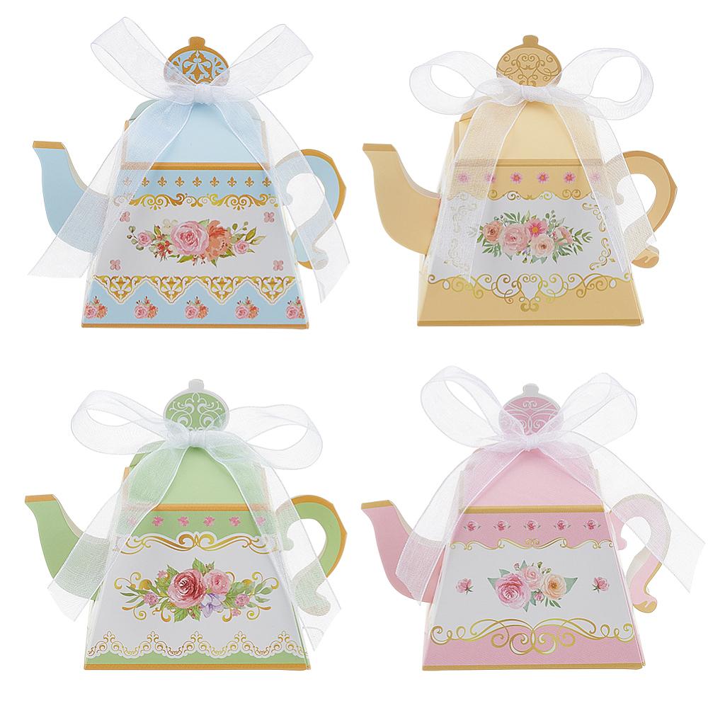 32 Sets 4 Colors Cardboard Candy Storage Boxes with Polyester Ribbons Flower Teapot Shape Mixed Color 8.5x8.5x10.5cm 8 Sets/color