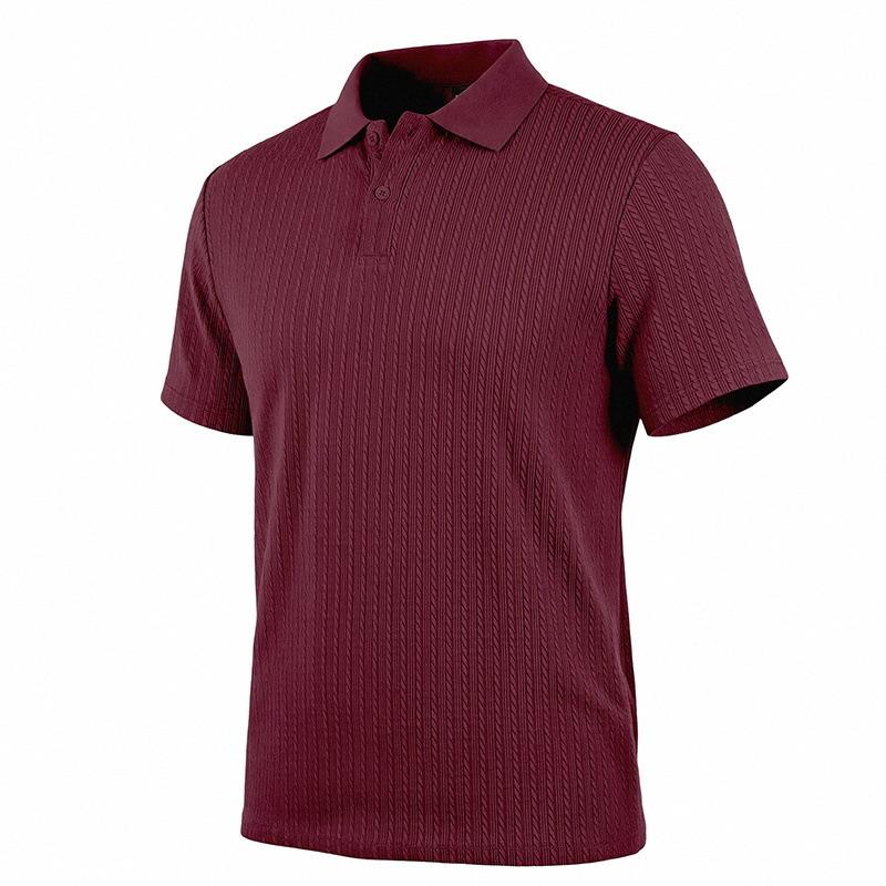 Mens Summer Textured Short Sleeve Polo Shirt Business Casual Solid Lapel Top