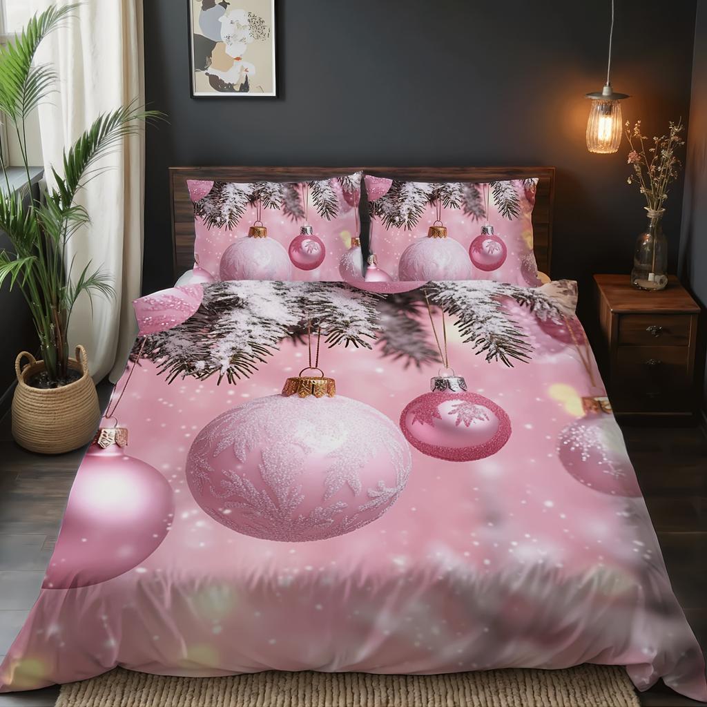 3pcs Pink Christmas Baubles Duvet Cover Set - Festive Holiday Design with Golden Balls & Snowflakes, Breathable Polyester