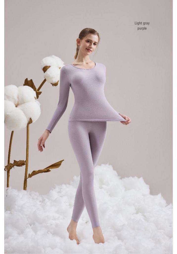 Women's Autumn Lambswool & Fleece Thermal Set: 460g Brushed Velvet Top & Bottoms for Cold Weather