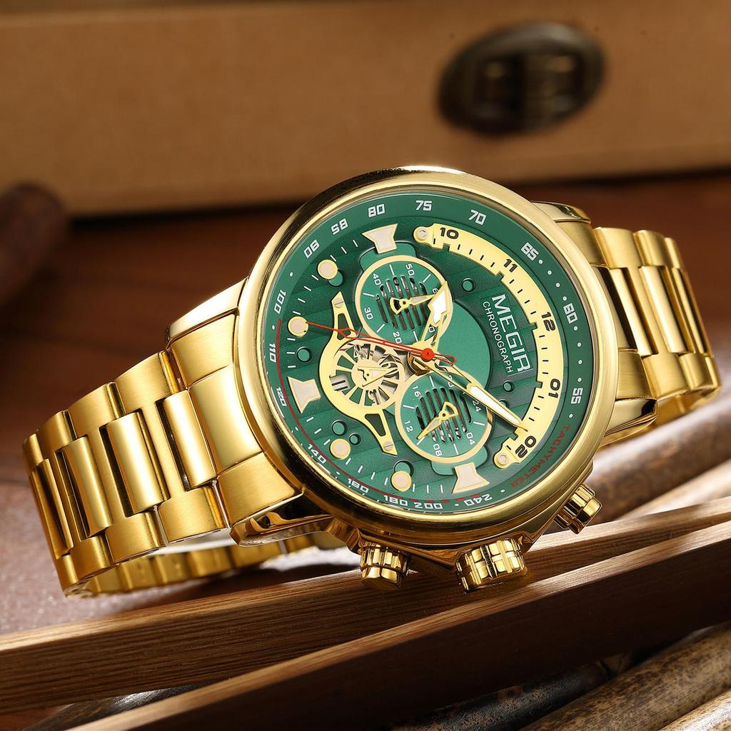 MEGIR 48MM Big Dial Men Watch Luxury Stainless Steel Waterproof Luminous Quartz Chronograph Sport Wristwatch Male Clock Reloj Hombre 2223