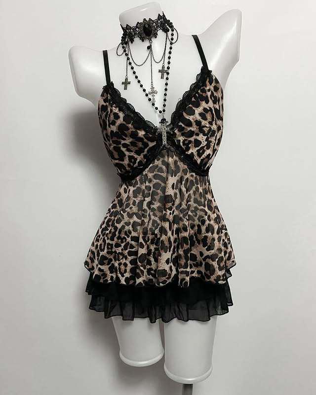 2026 Leopard Print Lace Waist-Cinching Spaghetti Strap Camisole - Sexy Summer Top for Women Small
