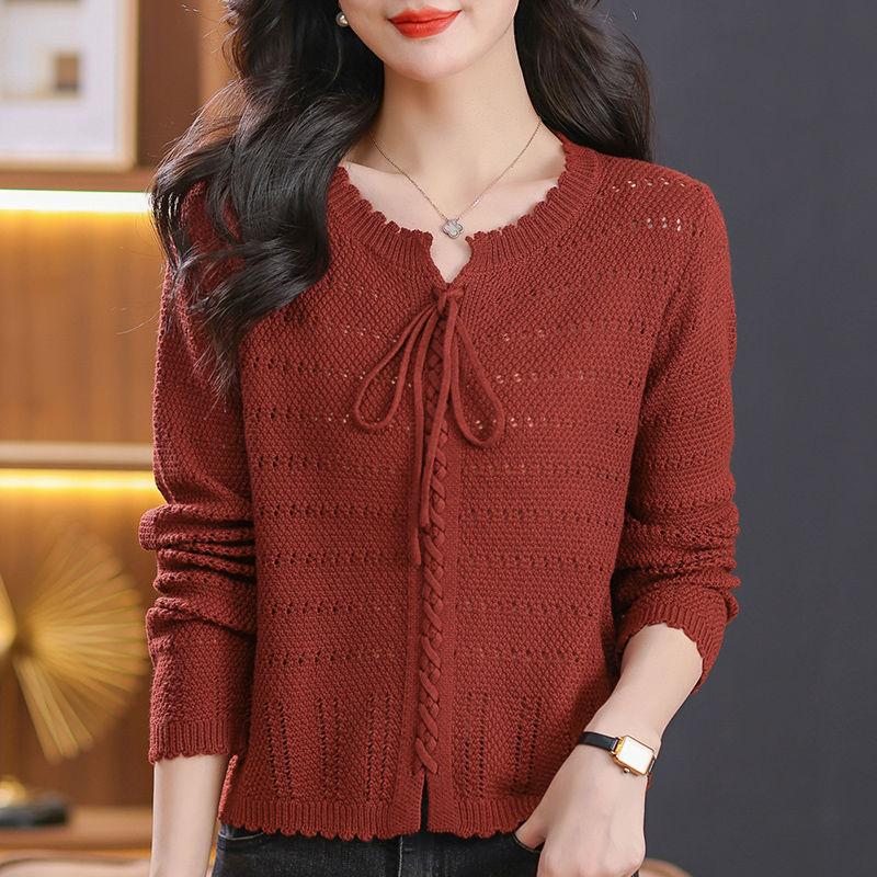 Round Neck Knitted Sweater for Women Solid Color Design Sun Protection Jacket New Lace Up Design