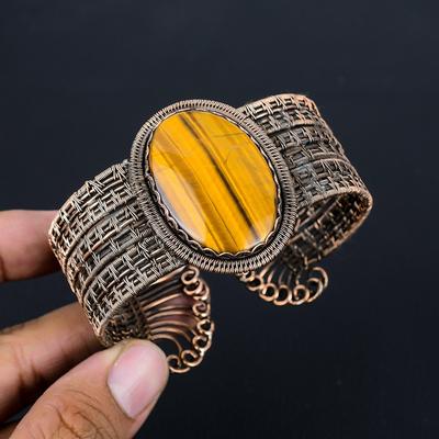 Fancy Tiger Eye Gemstone Pure Copper Wire Wrapped Handmade Cuff/ Bangle Adjustable Jewelry