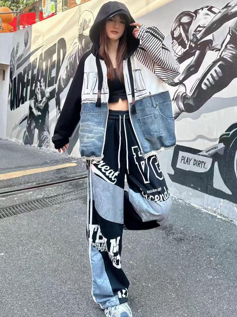 European-Style Women's Spring 2026 Patchwork Denim Windbreaker Jacket with Letter Print