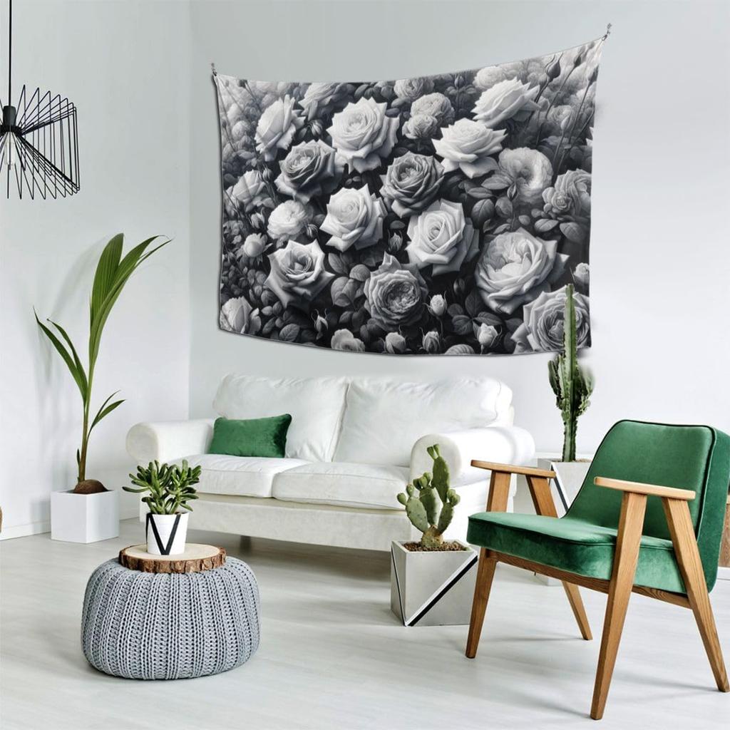 Florale Blume Wandteppich Aschgrauer Hintergrund Wandkunst Rosen Wandteppiche Pflanze Botanisch Natur Wandbehang Schwarz-Weiß Stil