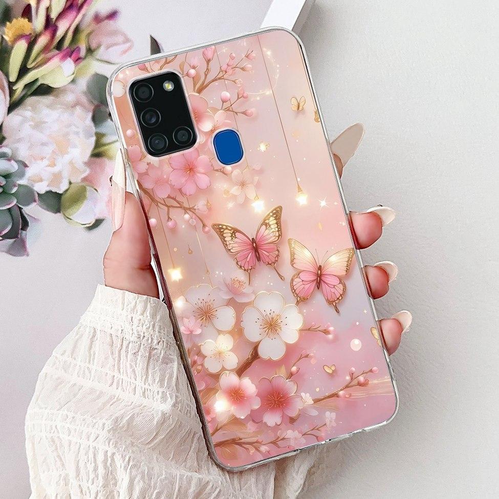 Clear For Samsung A21s SM-A217F SM-A217M Cover For Samsung Galaxy A21s Case Cute Luxury Butterfly Love Flowers Cool Painted