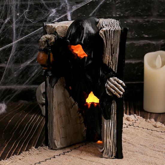 Halloween Skull Book Statue Spooky Resin Skull Spider Web Book Figurine with Grim Reaper Gothic Home Tabletop Decor