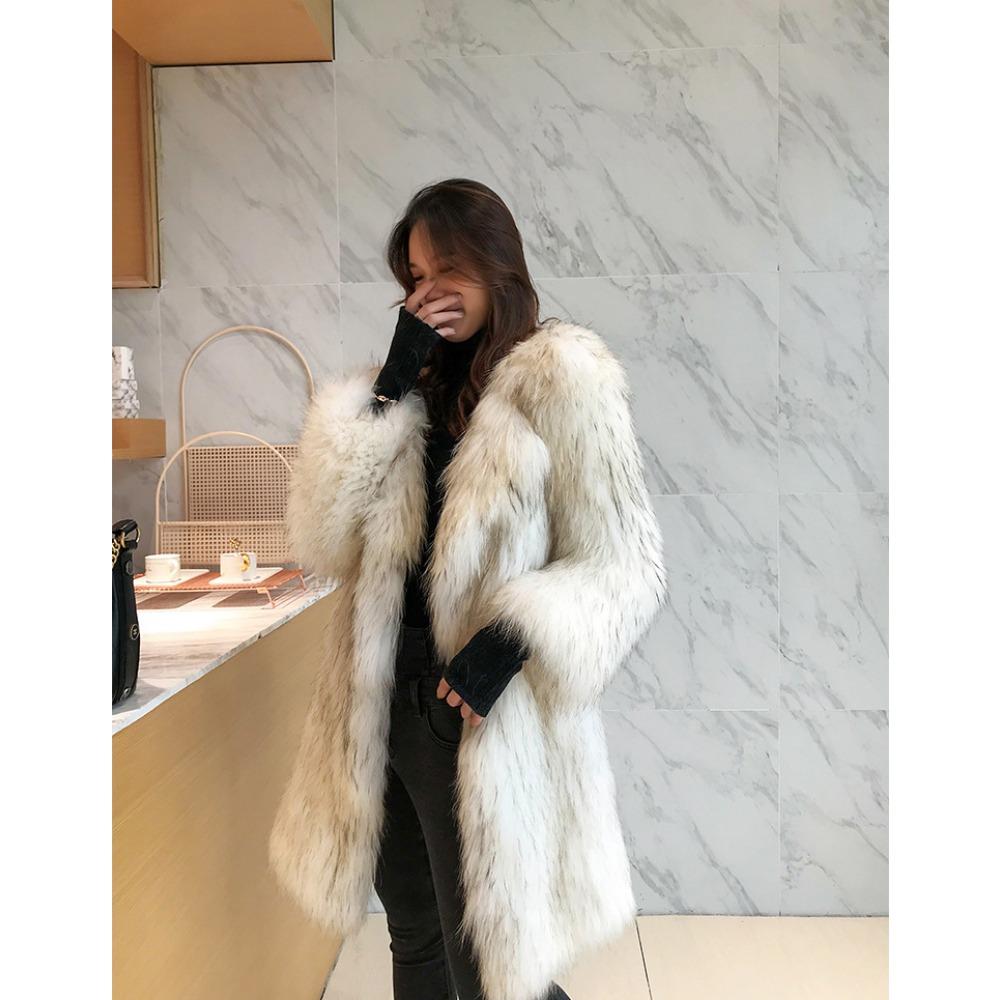 Women's New Raccoon Fur Jacket Women's Long Fox Hair Suit Collar Fur Coat Loose Casual Trench Coat