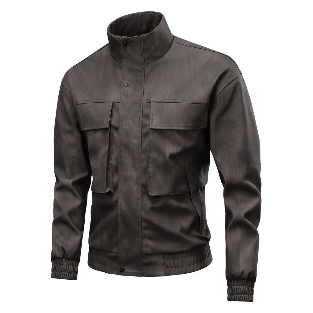 Motorcycle Baseball Uniform Washing Leather Jacket Men's Spring and Autumn Autumn Lapel Wide