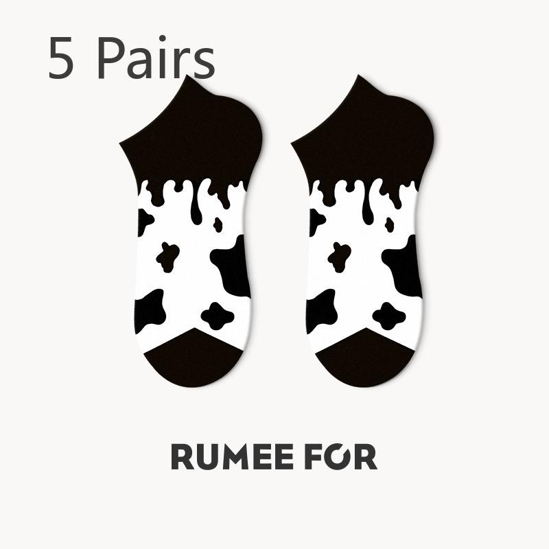 

5 пар женских летних тонких модных дышащих носков-лодочек с неглубоким носком для отдыха 5 Pairs чёрный/белый