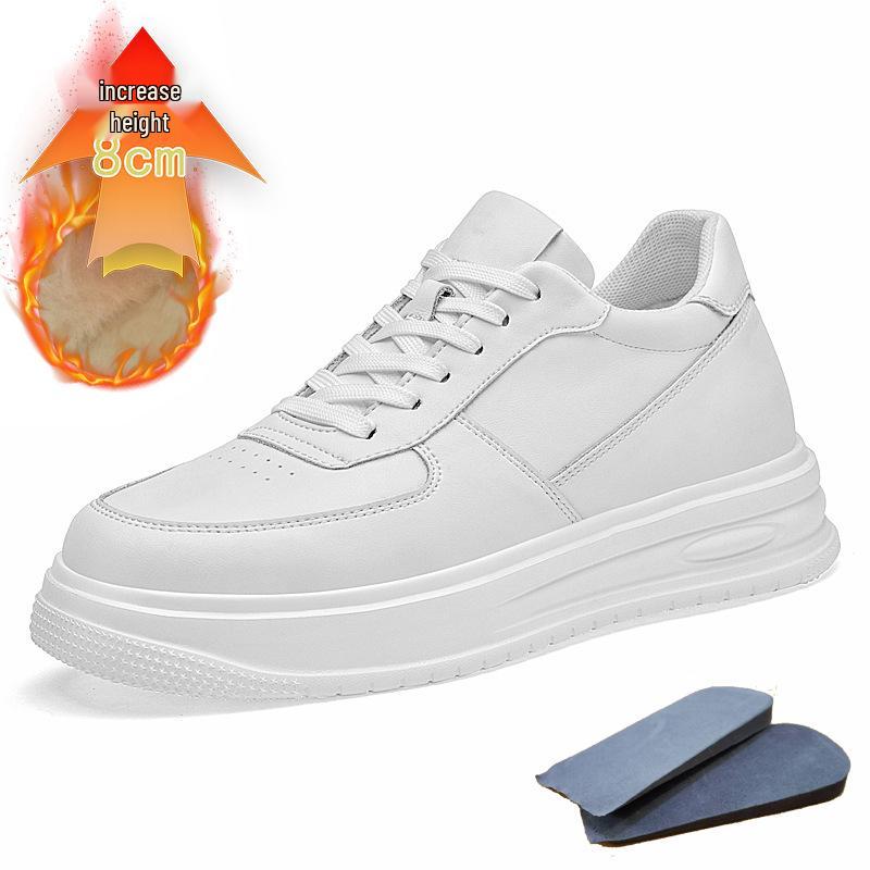 Men s 8CM Invisible Height Boost Casual Cowhide Sneakers - White, Autumn Edition 43
