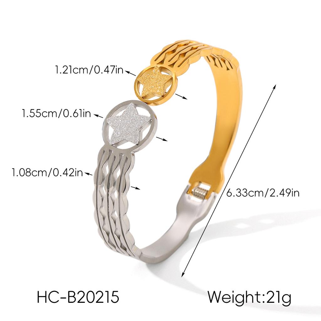 Gold and Silver Two-tone Stainless Steel Star Bangle, Instagram Style Wide Band Titanium Steel Open Bracelet
