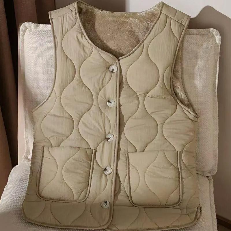 Vest for Women Cotton Autumn Winter Sleeveless Tops Fleece Lined Large Pocket Vest Oversize Thickened Down Casual V-neck Vest