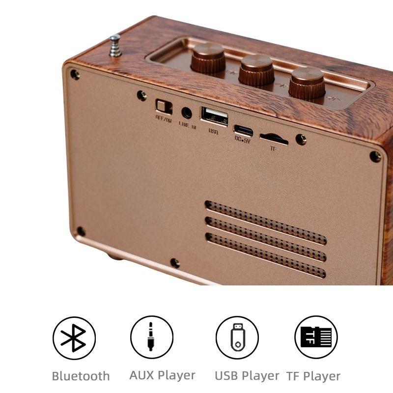 Vintage Wooden Bluetooth Speaker FM Radio Portable Retro Audio Player with Antenna TF Card/USB Support HIFI Sound for Home