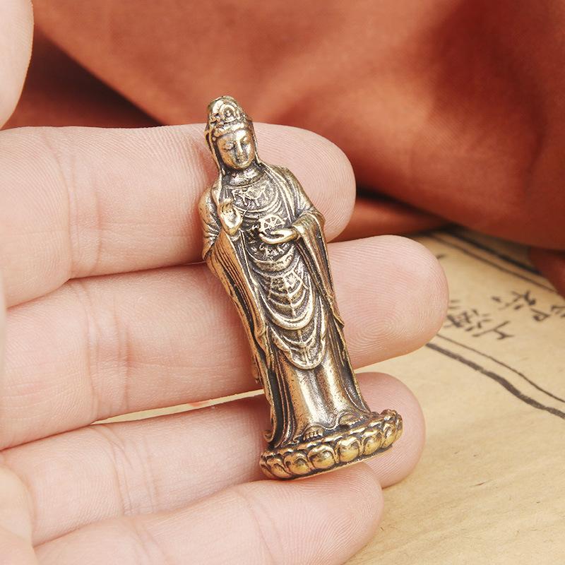 Vintage Brass Nanhai Guanyin Sculpture Buddha Portable Bodhisattva Bronze Religious Offering God Statue Old