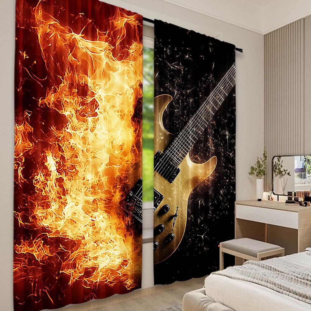 2Pcs Guitar Curtains Rock Music Hip Hop Hippie Flame Guitar Suitable For Bedroom Living Room Dining Room And Bathroom