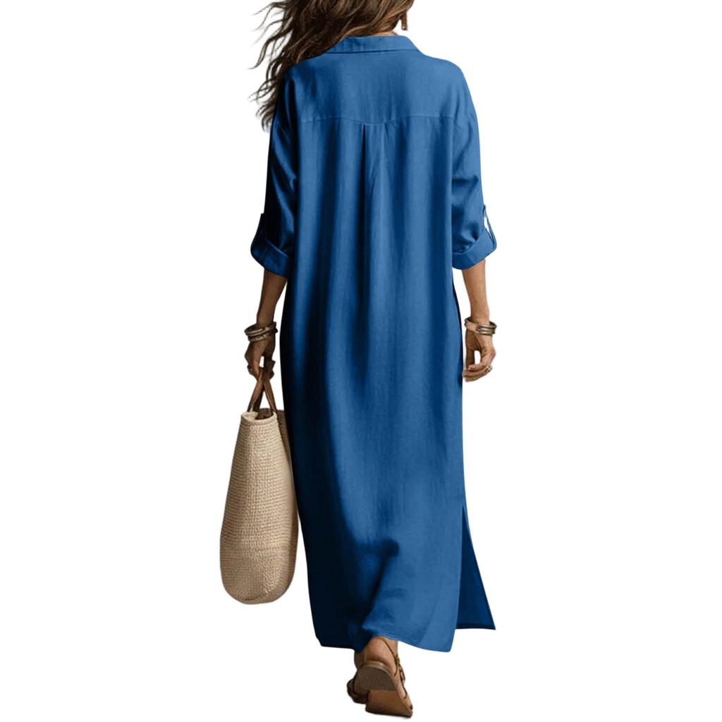 New Spring/Summer Cotton-Linen Dresses: -Color Collared Long-Sleeve Shirt Dresses, Relaxed-Fit Dresses