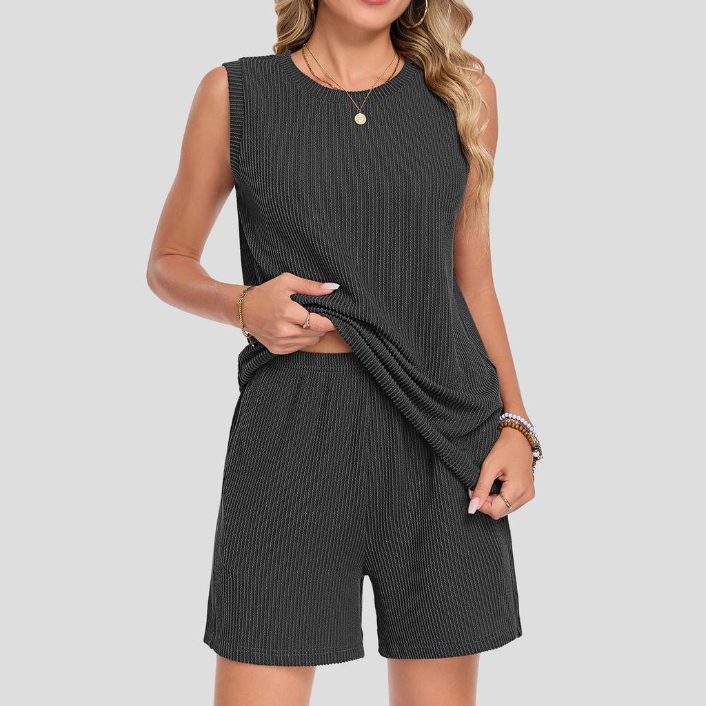 Women Sleeveless Crew Neck Tank Top and Shorts Set with Pocket Relaxed Fit Two Piece Outfits for Daily Wear