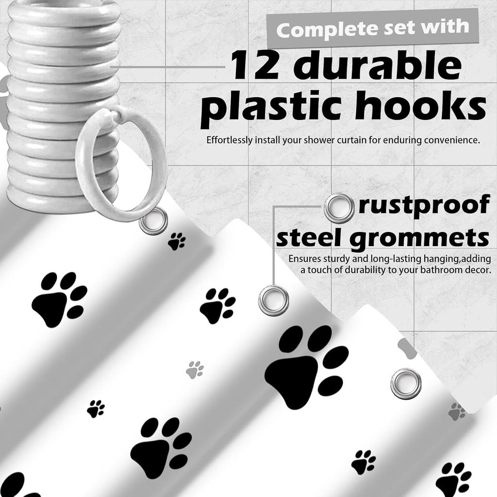 Paw Print Shower Curtain Dog Cat Black And White Funny Kids Bathroom Decor, Waterproof Cloth Fabric With Hooks (60" W X 72" L)