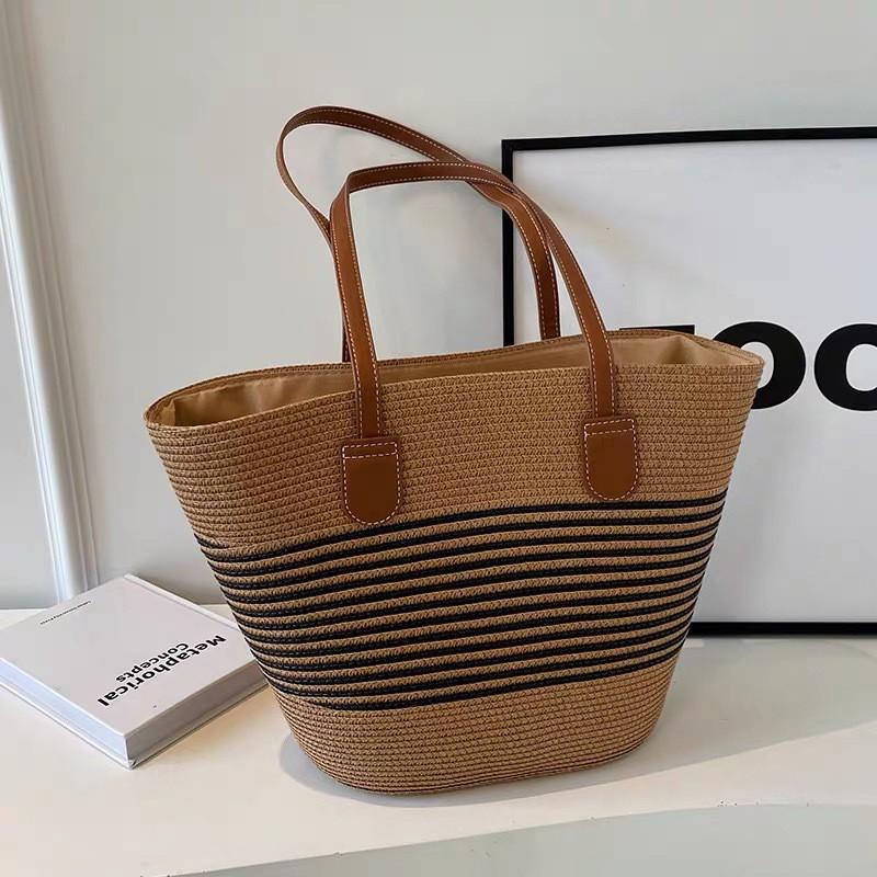 Commuting Large-capacity Woven Straw Bag Stripe Color Matching All-match Seaside Vacation Beach Single-shoulder 42x28x13cm