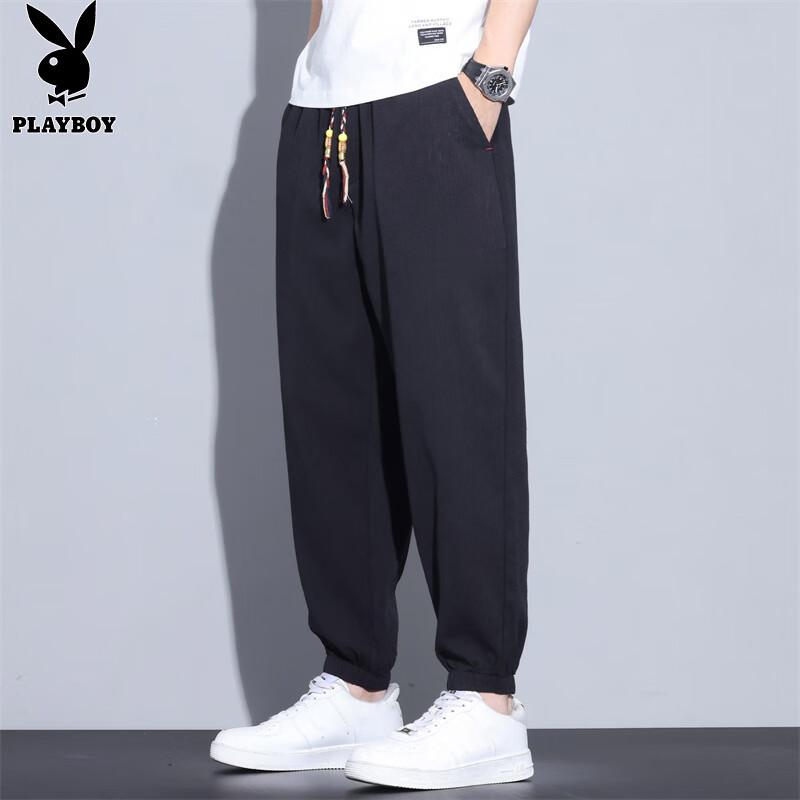 PLAYBOY Freizeithosen für Herren, Sommerhosen, Eis-Seide-Leinen Dünner Stil, Locker sitzende Sport-Jogginghosen mit elastischen Bündchen, Trendige verkürzte Hosen