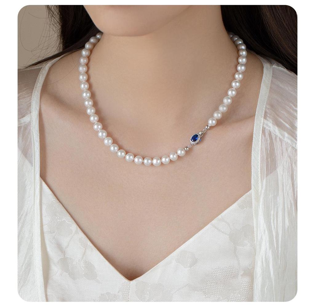 Natural Mother-of-Pearl Necklace with 925 Silver Sapphire Clasp, High Luster Shell Pearls, and Australian White Pearls.