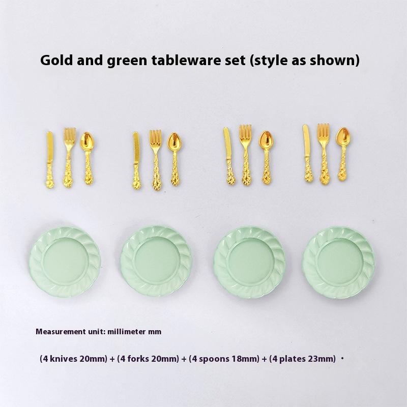 1/12 Scale Miniature Dollhouse Cake Dish with Knife Fork Spoon Set - DIY Decoration Doll House Accessories for 1/12 Scale Models
