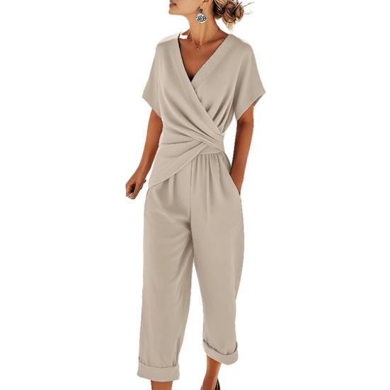 Women's 2 Piece Outfits Asymmetrical Hem V Neck Short Sleeve Ruched Top And Cropped Pants Set Summer Casual Lounge Sets