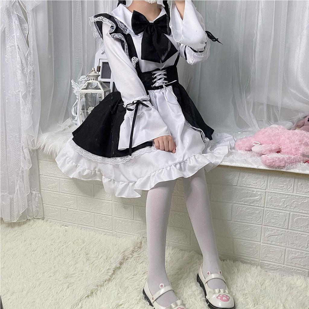 S-4XL cute maid black and white with girl dress women's boss set