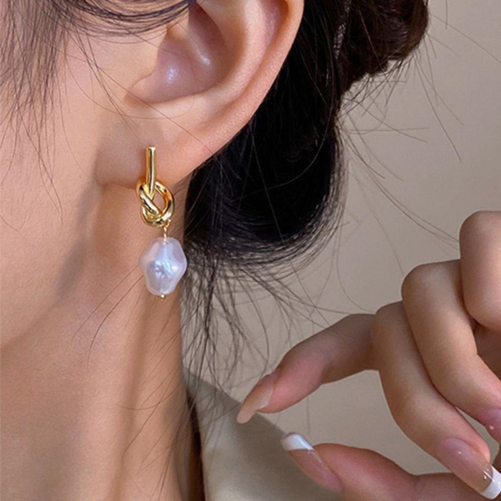Orecchini Pendenti con Perle Barocche da Donna Design con Nodo Forma Irregolare Asimmetrica Accessori Gioielli alla Moda