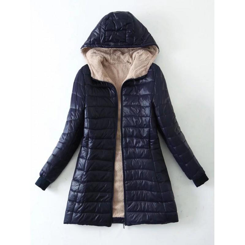 Womens Warm Hooded Mid-Length Cotton Padded Coat With Fleece Lining Streetwear Casual Outerwear