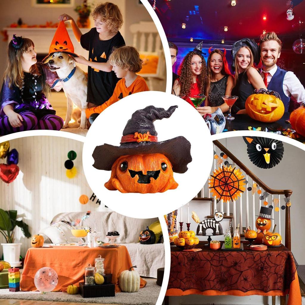 Halloween Pumpkin Resin Figurine - Mini Cute Pumpkin Statue with Hat, Home Decor for Cabinet, Living Room, Party
