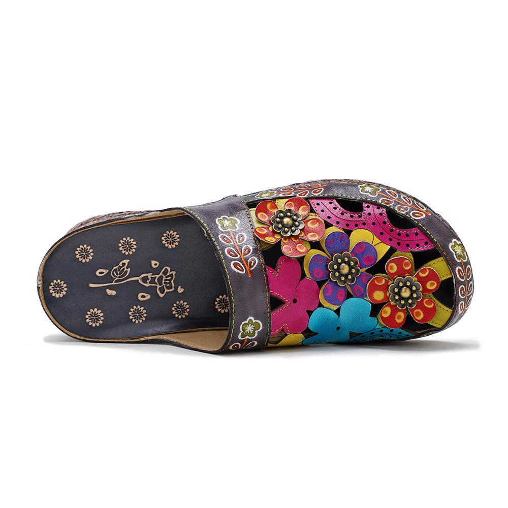 Johnature Pantoufles Femmes Chaussures En Cuir Véritable Peint À La Main À L'extérieur Diapositives À La Main Fleur Sandales Plates