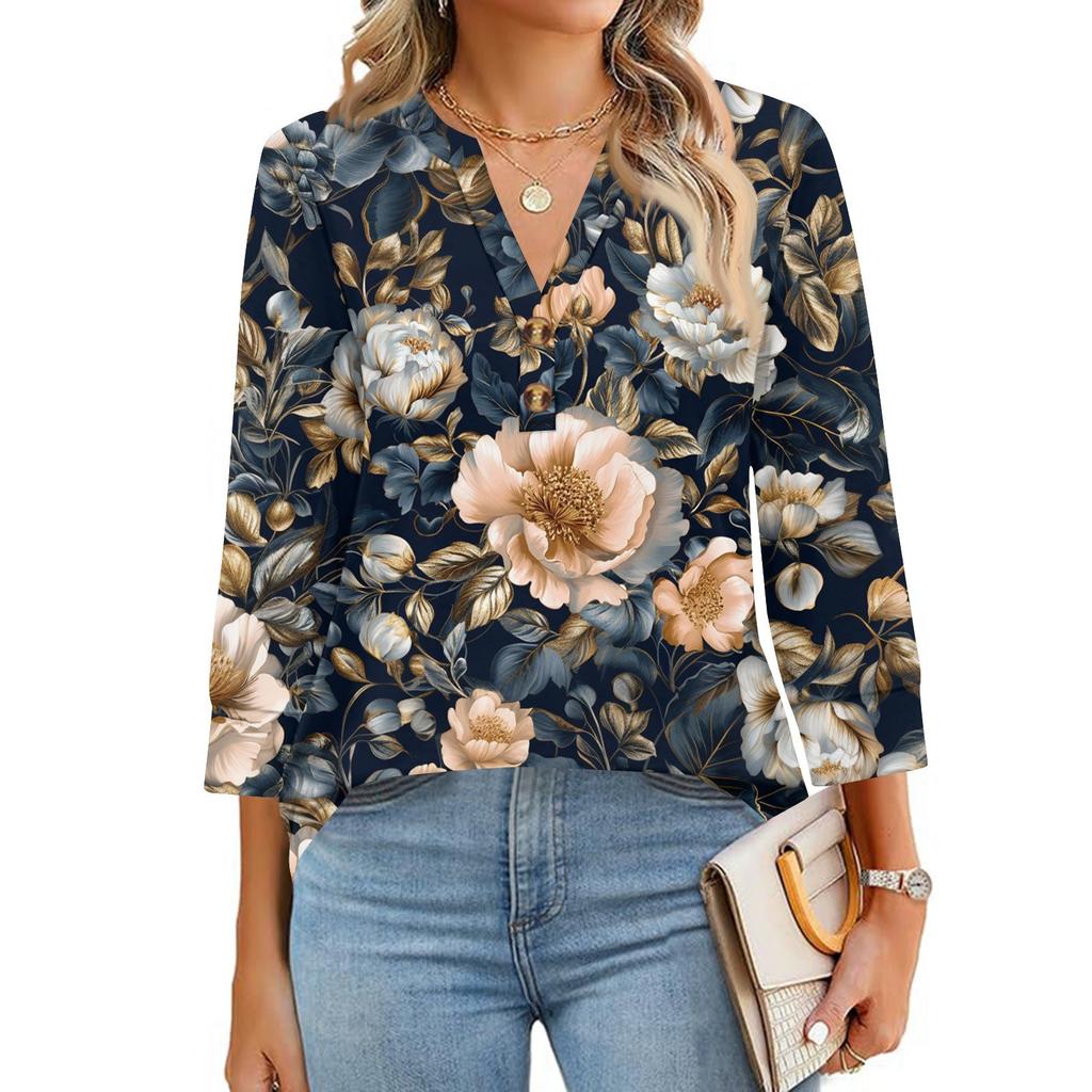Damen T-Shirt mit Aufdruck, Knopfleiste, 3/4-Ärmel, für den Alltag, Wochenendmode, Basic, V-Ausschnitt, normales Oberteil