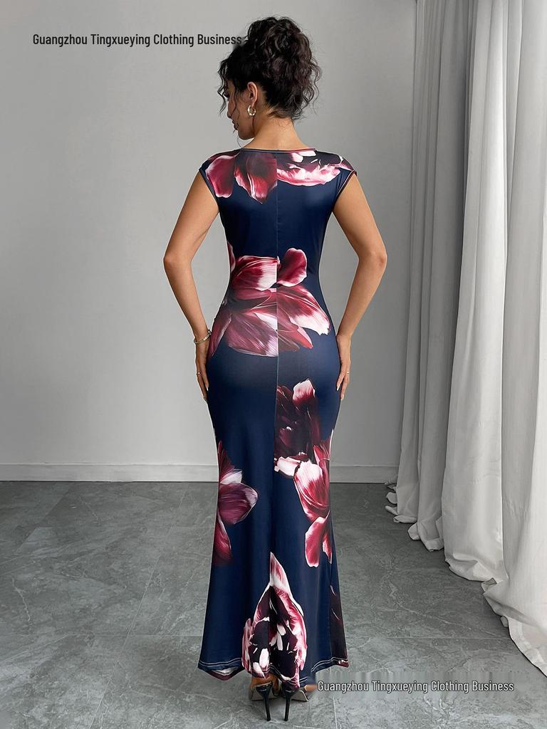European & American Sleek Sleeveless Printed Bodycon Sheath Dress