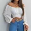 Elegante Damen Schulterfrei Kreuzgurt Bluse Langarm Sexy Crop Top Damen Slim Fit Einfarbig Mode Frühling Sommer Basic Süßes Hemd