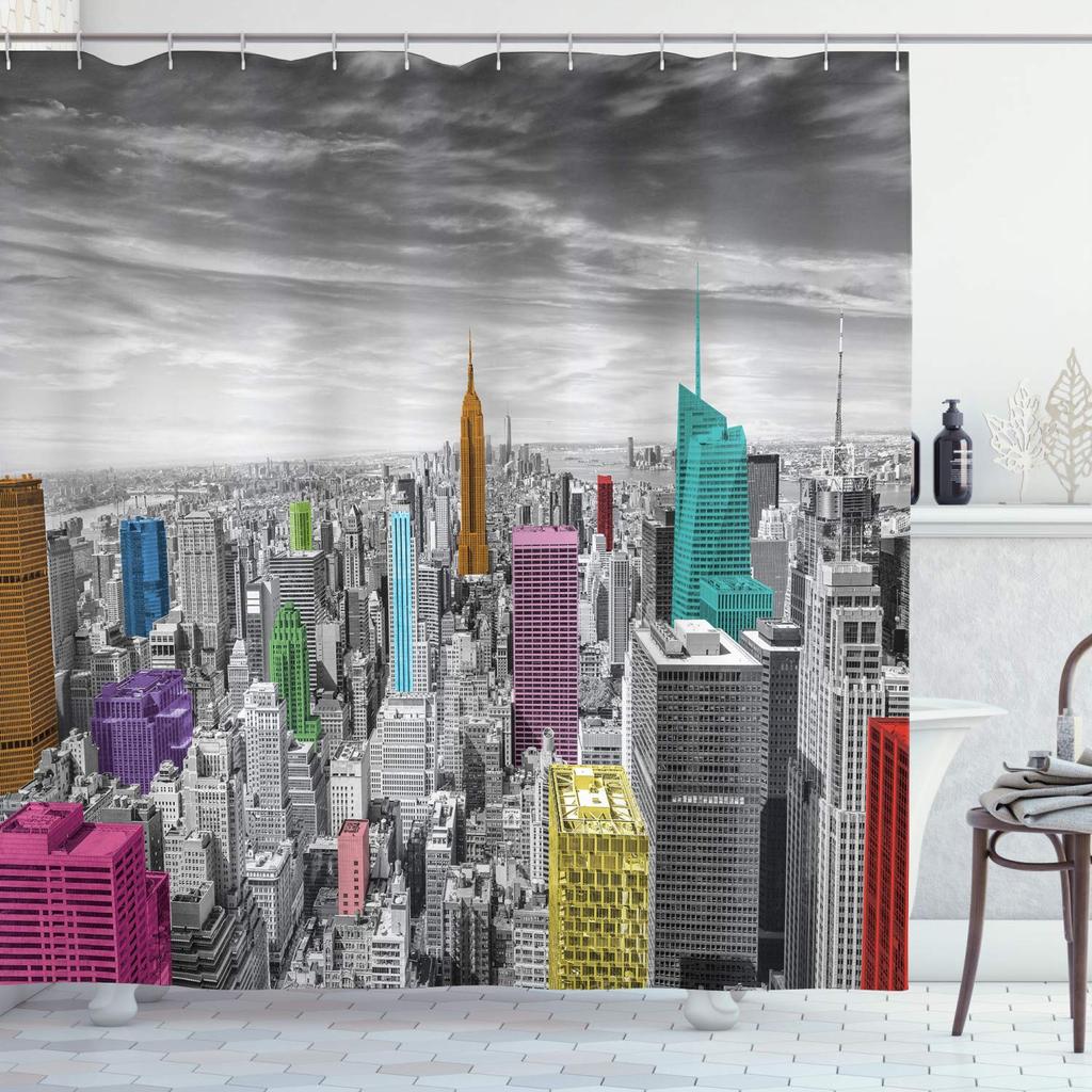 Cityscape Shower Curtain, Modern Skyscraper Skyline Famous Building Bathroom Curtain Waterproof Fabric Shower Curtain With Hooks